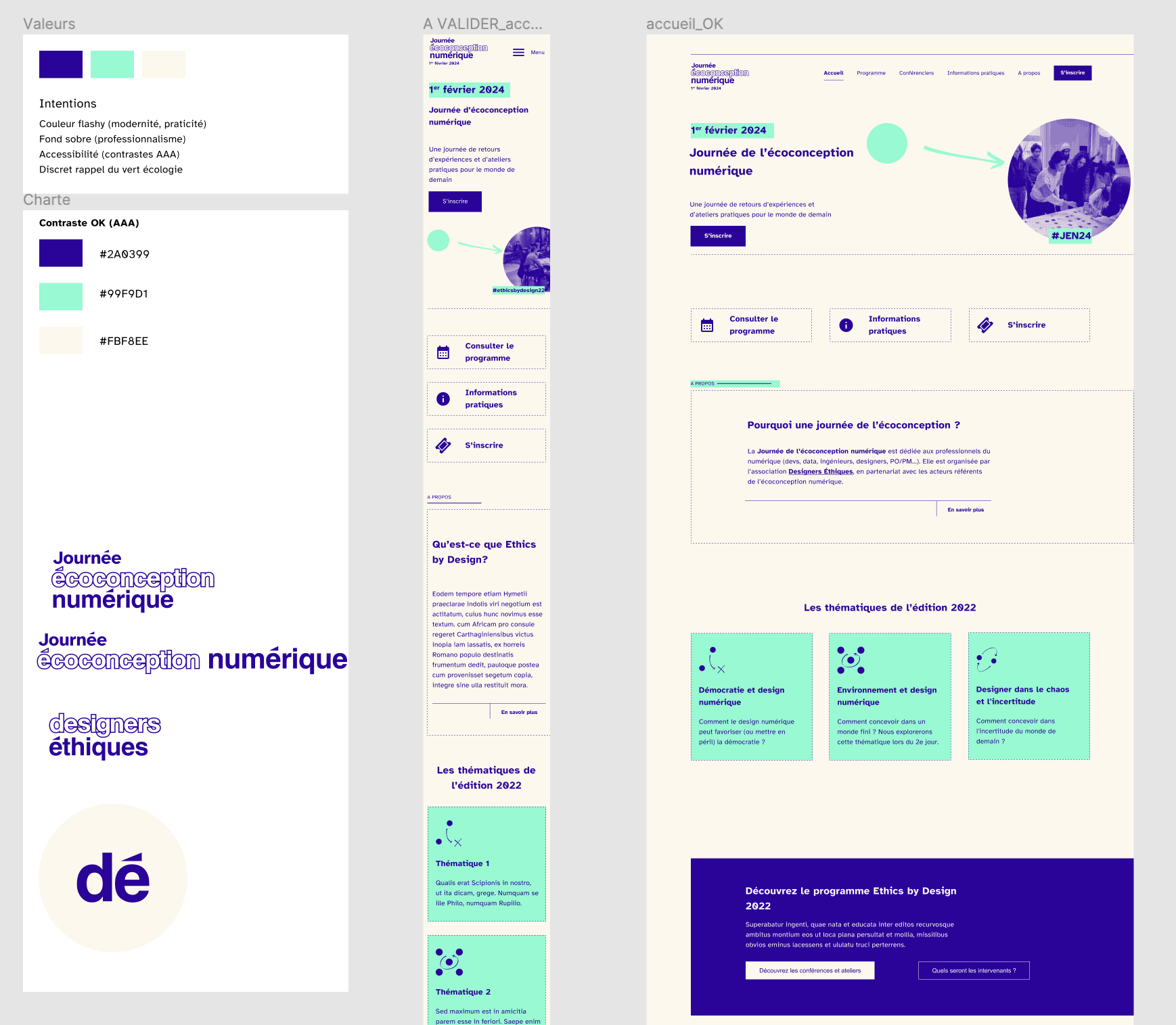 Identité graphique finale sélectionnée. Le fond est en beige, le texte en bleu foncé et des éléments sont en vert surligné. 